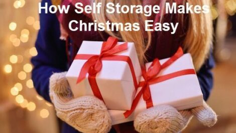 santa holds two wrapped gifts with the words "how self storage makes christmas easy" written over him