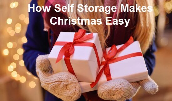 santa holds two wrapped gifts with the words "how self storage makes christmas easy" written over him