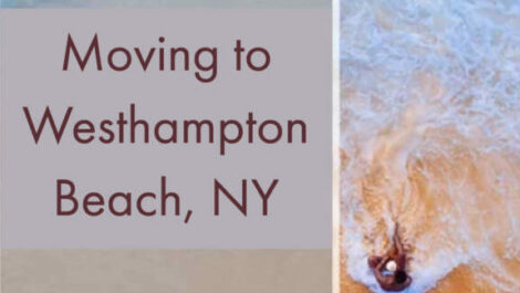 A view of a beach with the words "moving to westhampton beach, ny" displayed over it