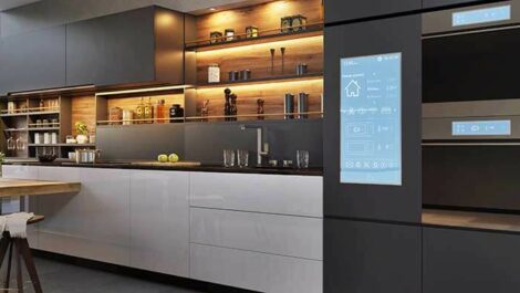 Digital rendering of a modern kitchen.