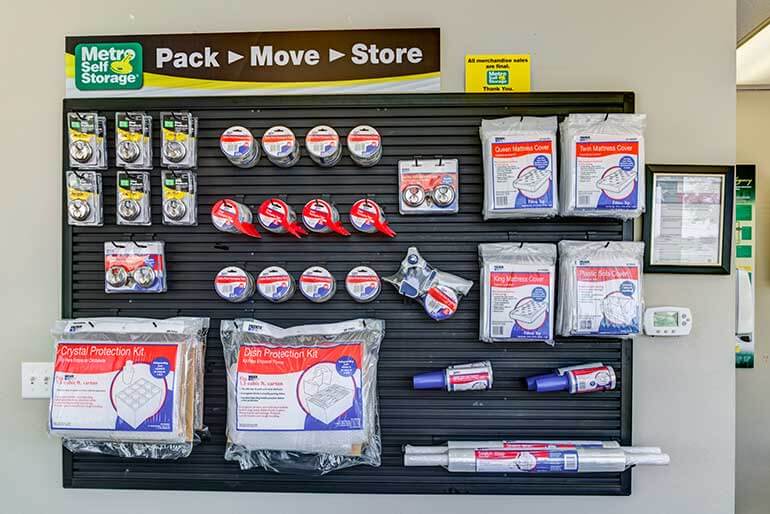 Organized moving supplies display at Metro Self Storage in Amarillo, Texas