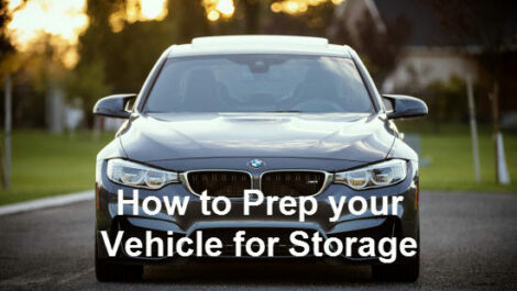 A sedan with the sentence "how to prepare your vehicle for storage" written over it