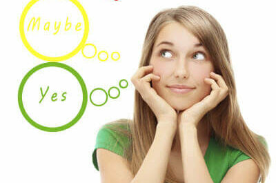 A woman holds her face, with three thought bubbles that say "No", "maybe", and "yes"