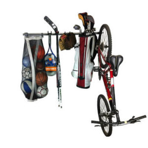 hanging bike and accessory rack for garage storage solutions