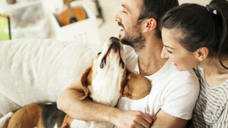 Two people on a couch, laughing and holding their dog.