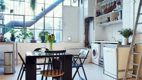 Interior of a loft apartment kitchen.