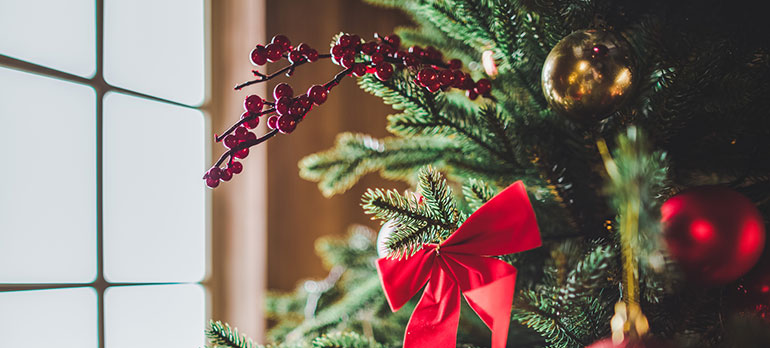 decorations on Christmas tree close up