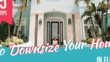 A shot of the front of a home in tropical weather, with the words "Downsize your home" captioned over it.