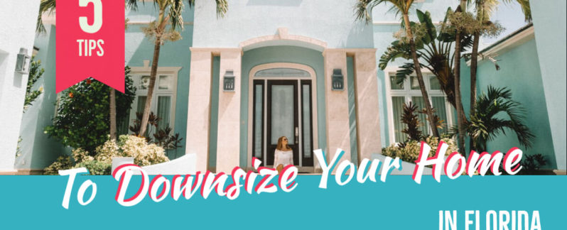 A shot of the front of a home in tropical weather, with the words "Downsize your home" captioned over it.