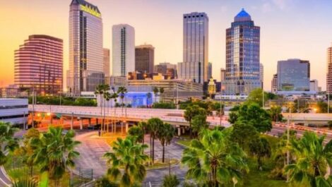 The skyline of Tampa, Florida, illuminated by a sunset