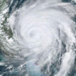 Ariel view of a hurricane approaching Florida's Atlantic coast.