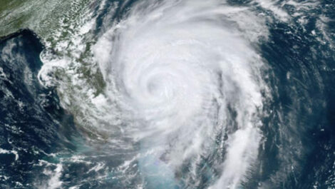 Ariel view of a hurricane approaching Florida's Atlantic coast.