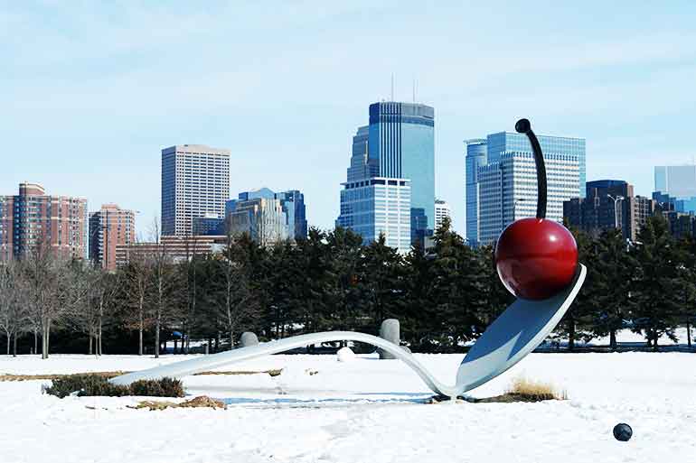 winter in Minneapolis downtown skyline view from sculpture garden