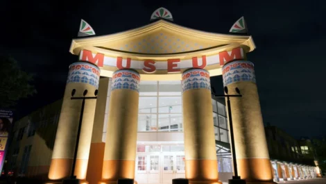 The entrance to the Children’s Museum of Houston illuminated at night
