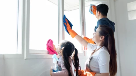family cleaning the window together