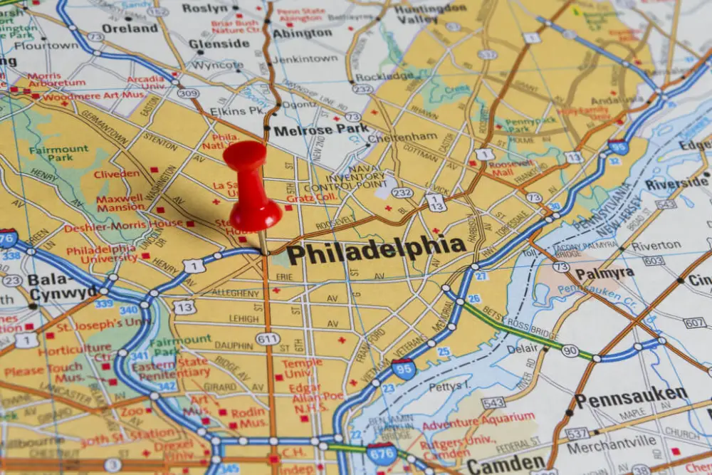 A map of the United States with a red pin marking the city of Philadelphia.
