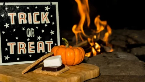A mini pumpkin and an uncooked s’more sitting in front of a sign that reads “trick or treat” next to a campfire.