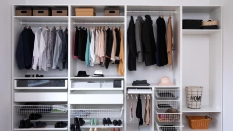 a well-organized white closet system with hanging clothes, shoes, hats, and baskets