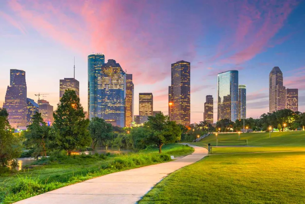 The skyline in Houston, TX, at sunset