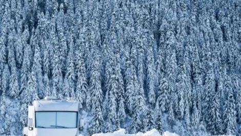 RV parked, surrounded by snow and snow-covered trees.