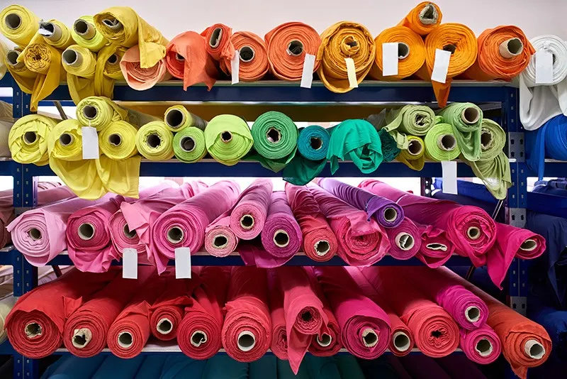 stacks of fabric rolls neatly organized inside a commercial storage unit
