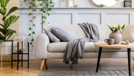 Scandinavian couch with throw blanket draped across it.