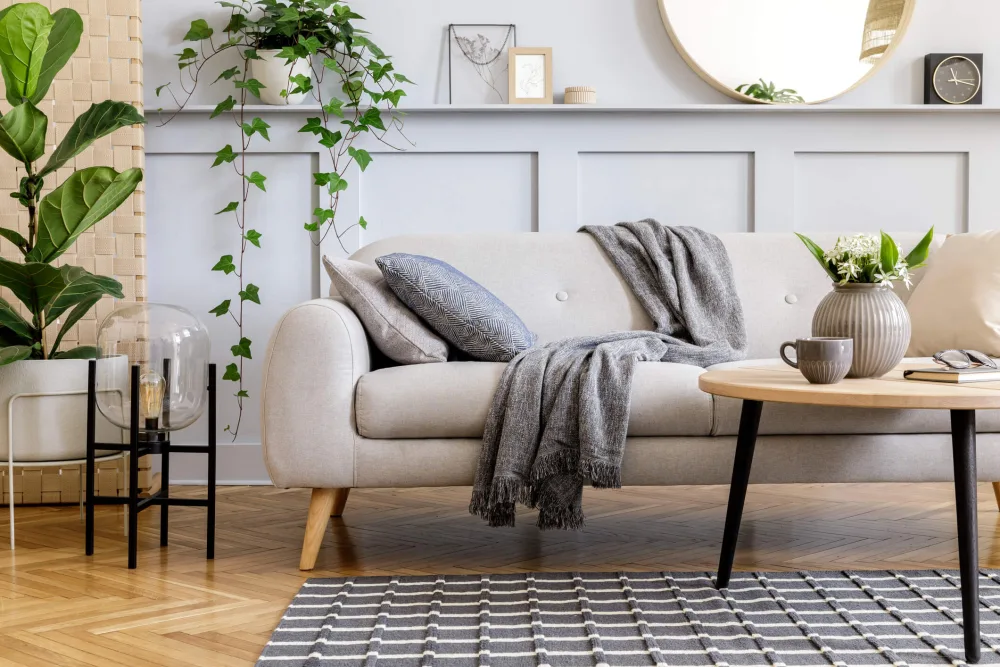 Scandinavian couch with throw blanket draped across it.