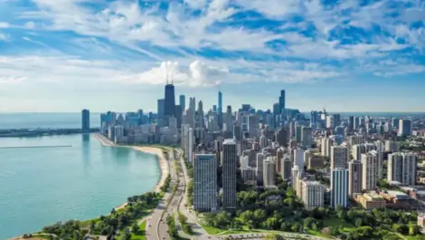 The Chicago skyline on a partly cloudy day.