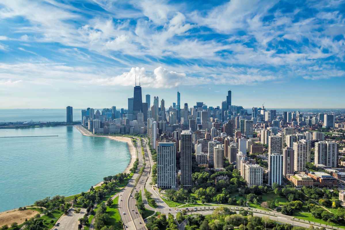 The Chicago skyline on a partly cloudy day.