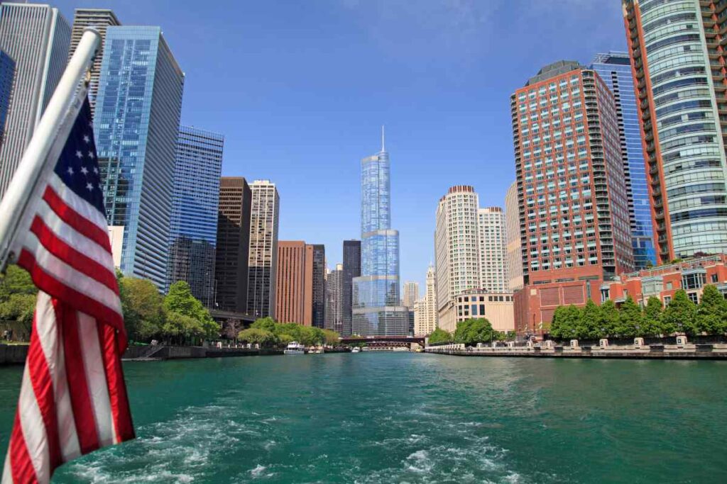 View of Chicago from a boat cruising the river.