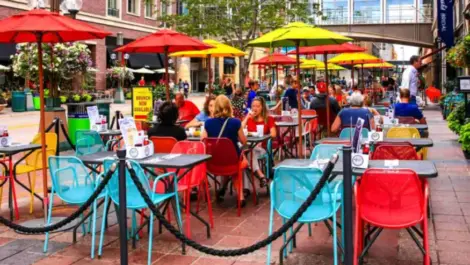 People dining outside a restaurant on Nicollet Mall Minneapolis MN