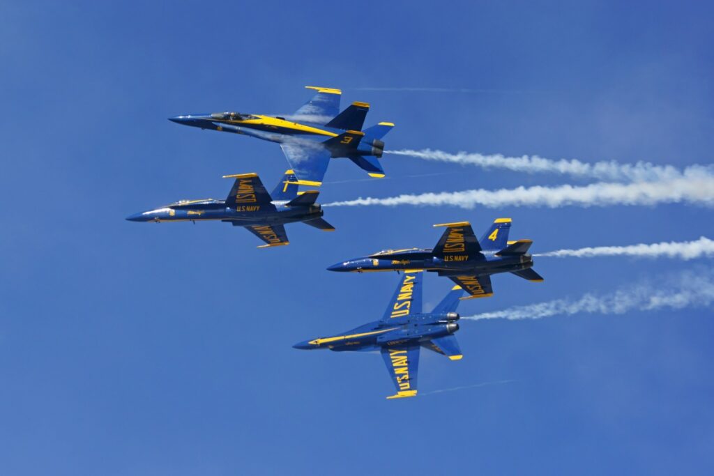 Airplane Navy Blue Angels jets flying in the blue sky. 