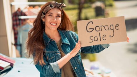 A smiling young woman in a jean jacket holds a garage sale sign.